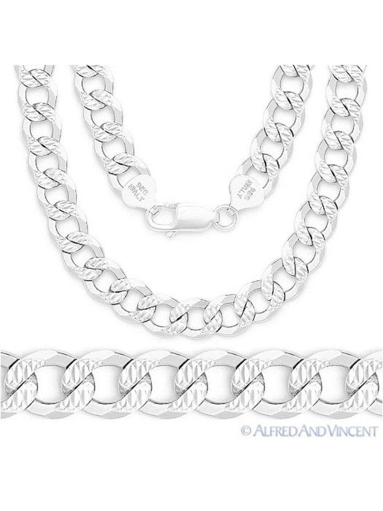 8.6mm Curb Link D-Cut Pave Italian Chain Necklace In .925 Sterling Silver - 22"